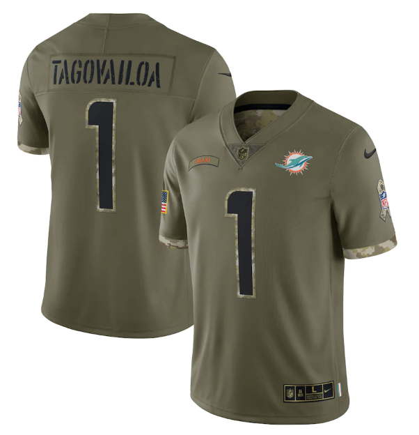 Men's Miami Dolphins #1 Tua Tagovailoa Olive 2022 Salute To Service Limited Stitched Jersey